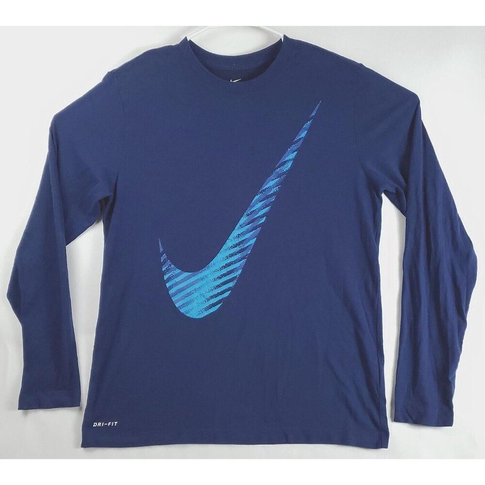 Nike T-Shirt Mens M Blue Dri-Fit Big Center Swoosh Long Sleeve Cotton Crew Neck